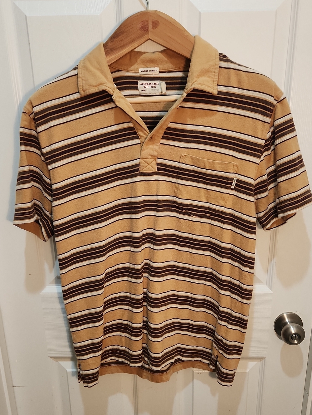 American Eagle Outfitters Beige Polo with Brown & White Stripes